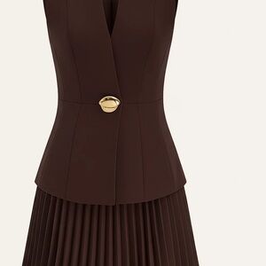 Brown Pleated Dress with Gold Button